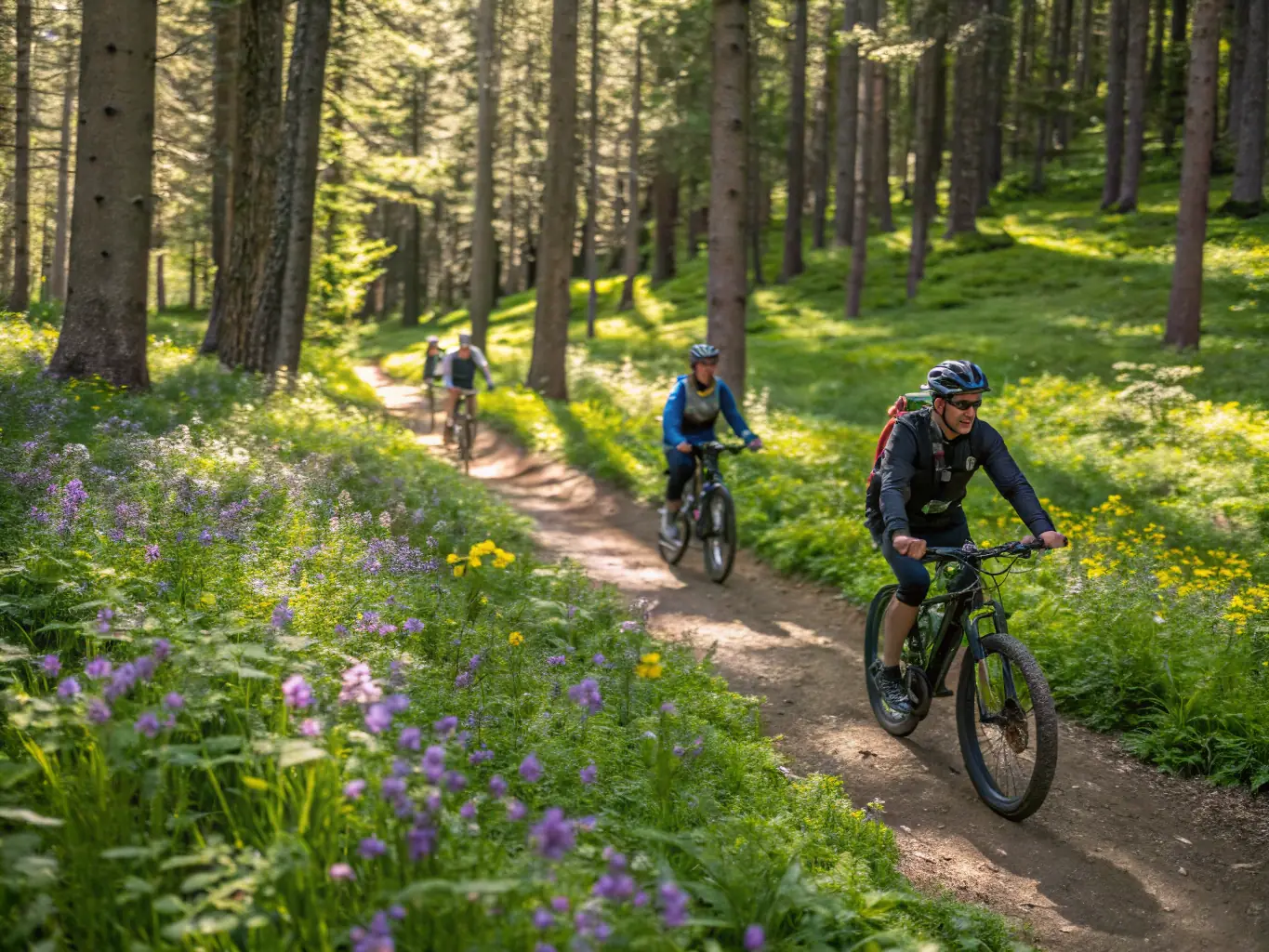 A scenic image of a group of VTT riders exploring a picturesque trail in the local area, highlighting the beauty of the landscape and the camaraderie of the group.
