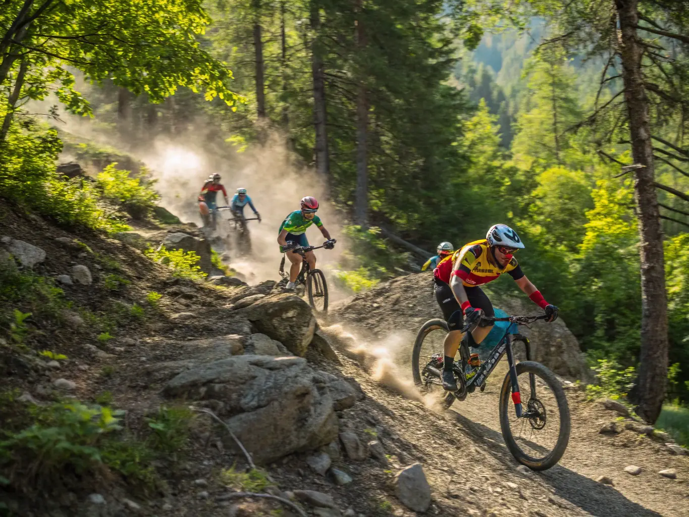 A dynamic image showcasing a group of riders on VTT bikes navigating a challenging trail, with lush greenery and natural obstacles visible in the background, capturing the spirit of adventure and camaraderie.