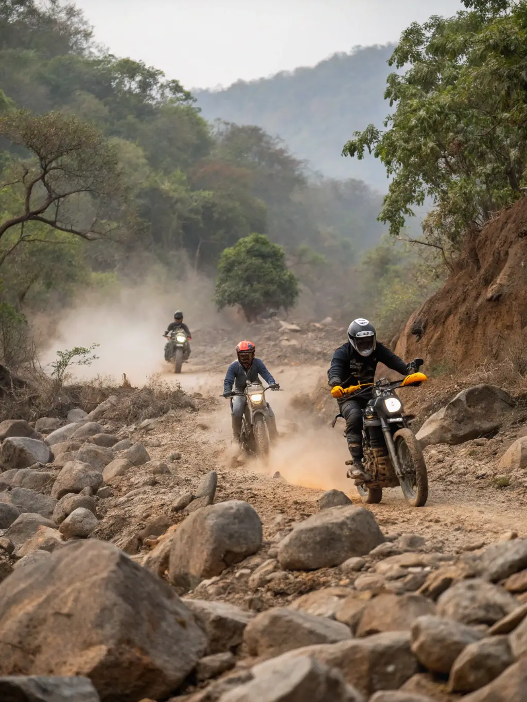 A group of motorcyclists on a trail, showcasing the camaraderie and adventure of organized rides.